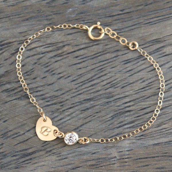 Child bracelet, Little girl bracelet, 14k gold filled tiny stamped initial heart tag & cubic zirconia diamond, personalized monogram, letter