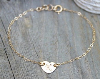 Child bracelet, Little girl bracelet, 14k gold filled tiny stamped initial heart tag, personalized monogram, letter, children jewelry