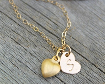 Child necklace, little girl necklace, tiny Personalized 14k gold filled custom stamped initial heart tag & adorable puff heart, monogram