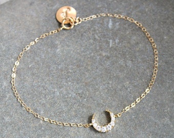 Moon bracelet, Personalized 14k gold filled bracelet, celestial cubic zirconia diamonds crescent, custom stamped initial disc, gift for her