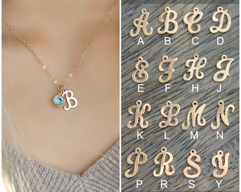 Script Letter necklace, Personalized 14k gold filled initial,Swarovski Birthstone,monogram letter Bridesmaids A B C D E F H  J K L M N P R S
