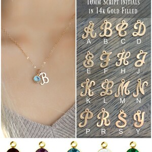 May include: Gold-filled initial necklace with a blue gemstone charm. The image also displays a selection of 10mm script initials and Swarovski birthstone charms. The text reads "10mm Script Initials in 14K Gold Filled" and "Swarovski Birthstones."