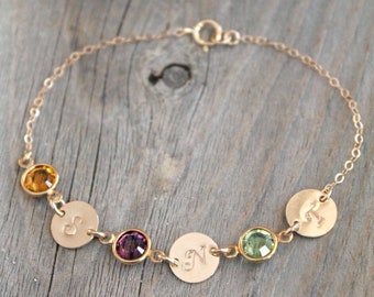 Personalized 14k gold filled initial bracelet, monogram, custom Stamped discs, Swarovski Birthstones, mother, grandmother, family bracelet