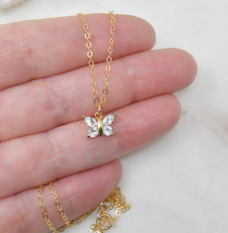 Butterfly Necklace Cubic Zirconia 14k Gold Filled Chain Cz Etsy