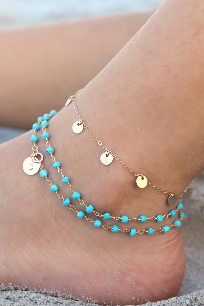 Turquoise bead wrap ANKLET, Layered Boho Chic ankle bracelet Personalized custom stamped initial disc circle, 14kt Gold filled,beach summer image 1