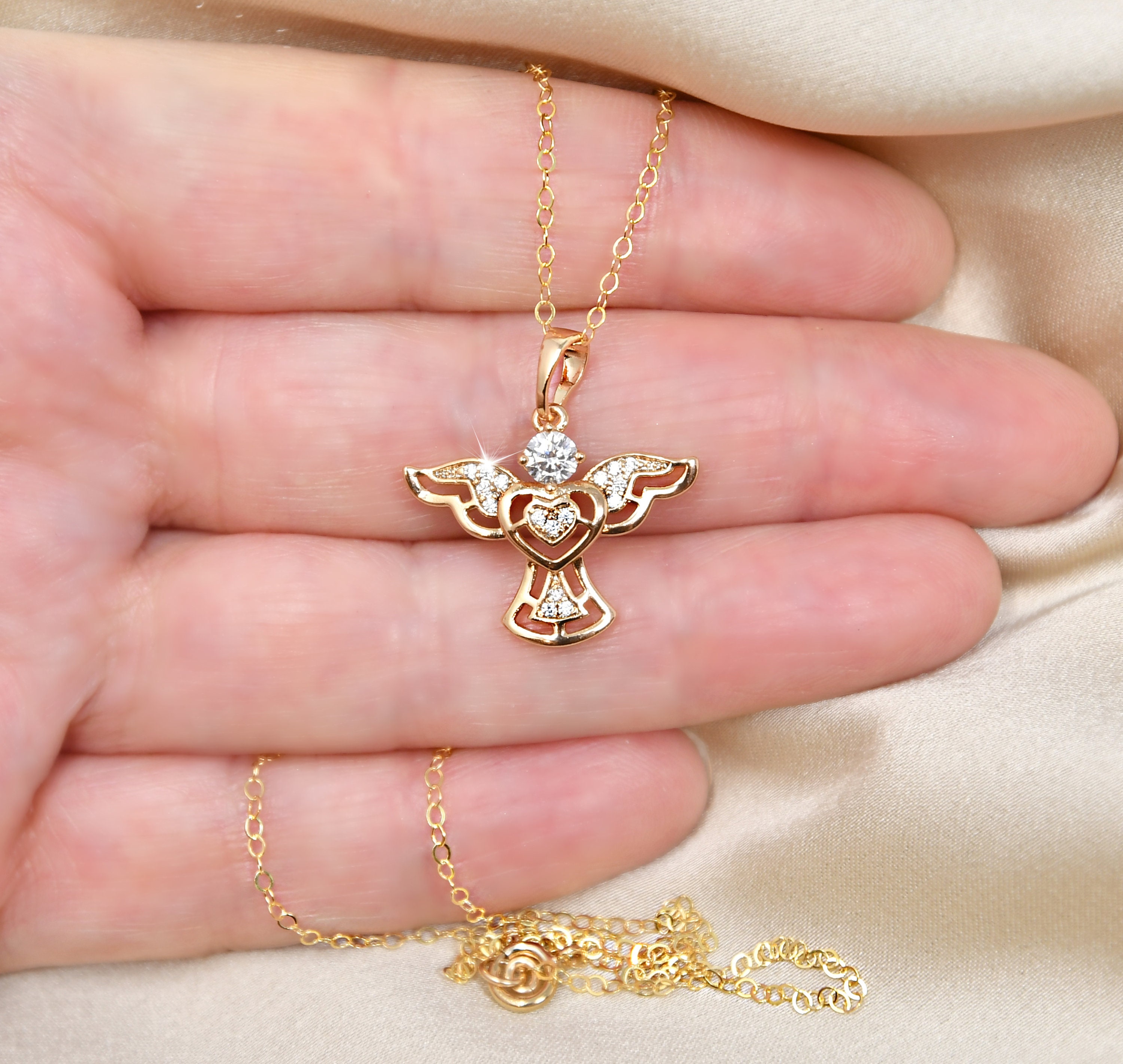 Guardian Angel Necklace, 14K Gold Filled Chain, Spread Out Angel