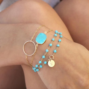 Turquoise slice bracelet, 14k Gold filled double chain bracelet, 24k gold Electroplated Edge Raw gemstone, Christmas gift