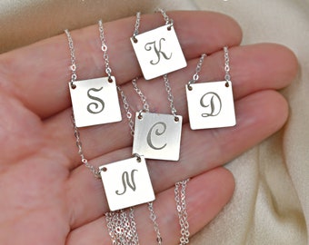 Sterling silver initial necklace, personalized Necklace, Monogram necklace, letter, custom engraved square tag, customized, Bridesmaids gift