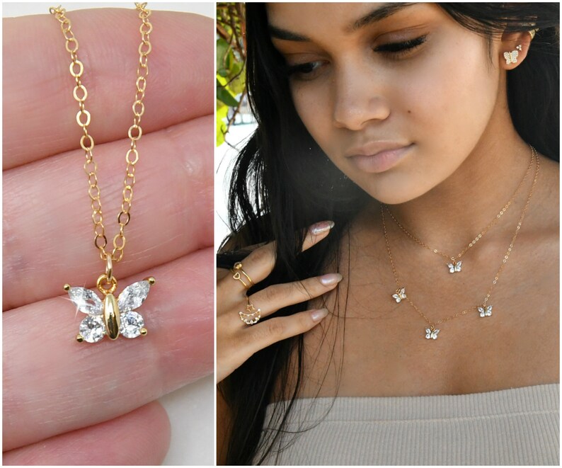 Butterfly necklace Cubic zirconia 14k gold filled chain cz Etsy