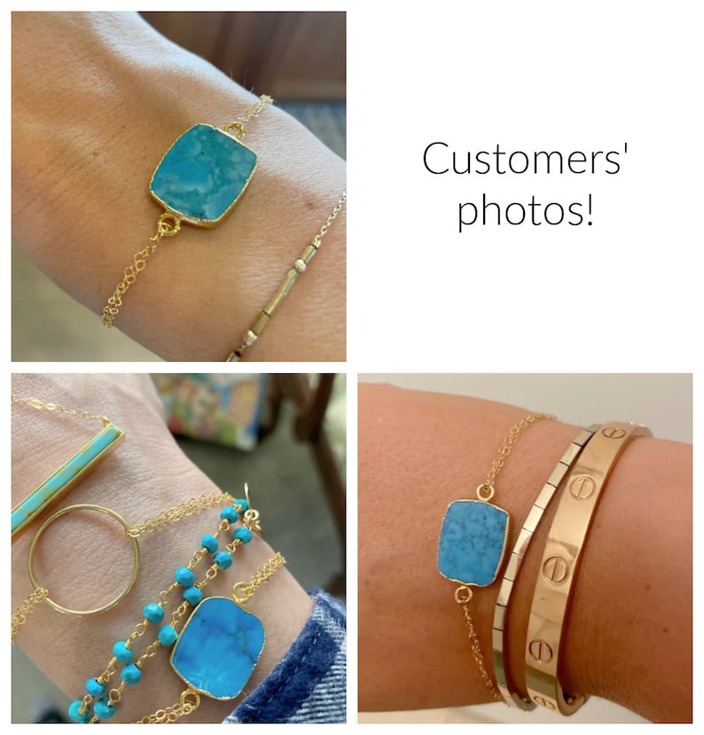 Turquoise slice bracelet, 14k Gold filled double chain bracelet, 24k gold Electroplated Edge Raw gemstone, Christmas gift image 7