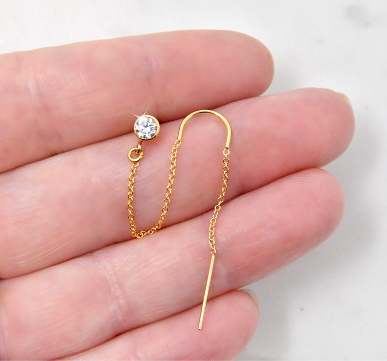 Threader Earring Connected to Cubic Zirconia Stud 14k Gold Etsy UK