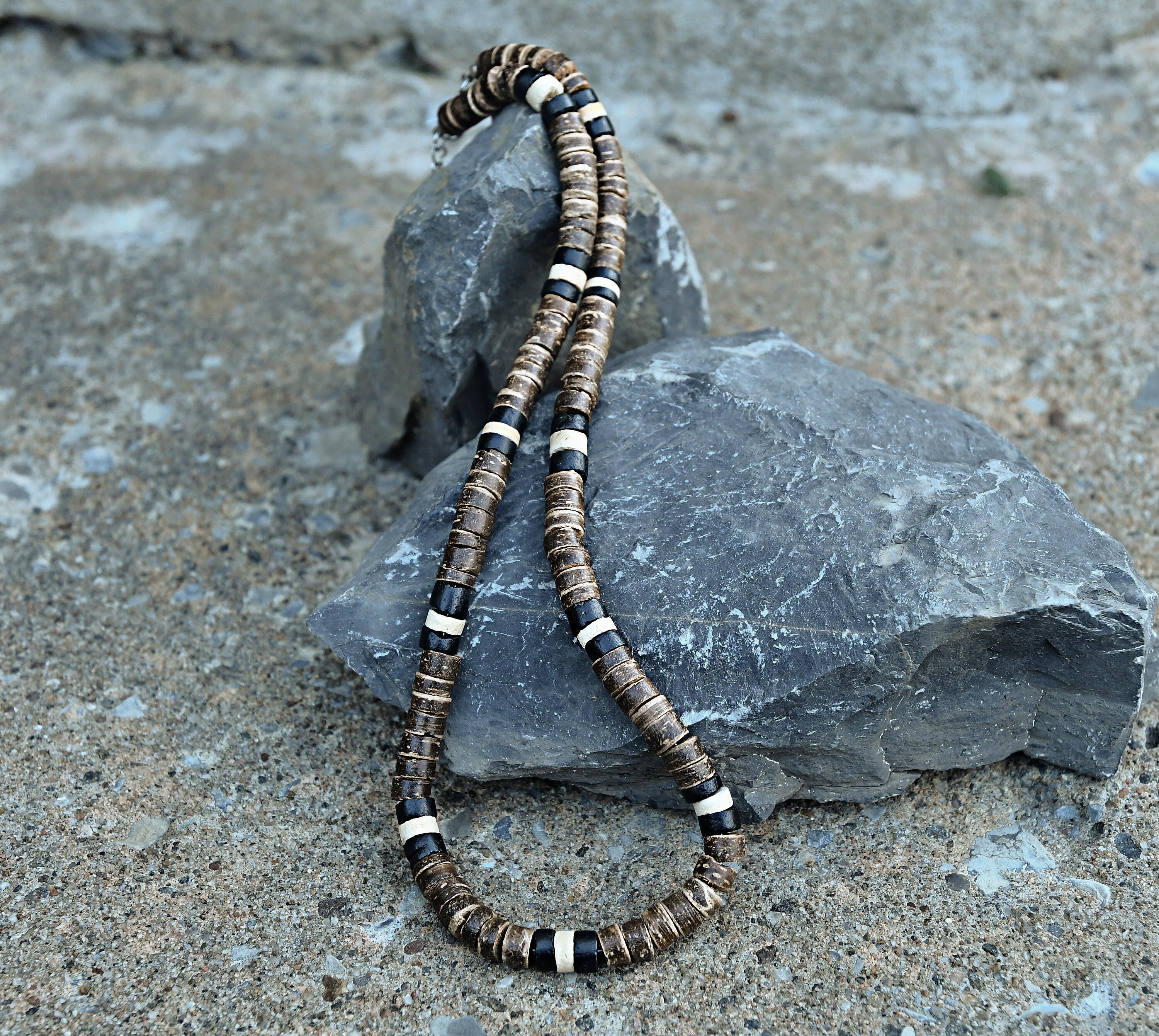 Coconut Wooden Bead Necklace, Natural Beaded Boho Necklace, Surfer 