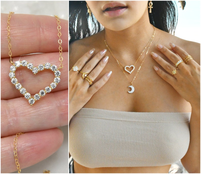 love,Christmas gift 14k gold filled chain Heart necklace cz diamonds heart pendant layering necklace cubic zirconia stones