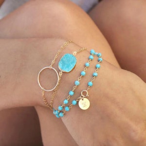 Personalized Turquoise wrap bracelet, Boho chic, 14k Gold filled initial disc, genuine gemstone beads, beaded rosary chain, custom stamped