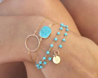 Personalized Turquoise wrap bracelet, Boho chic, 14k Gold filled initial disc, genuine gemstone beads, beaded rosary chain, custom stamped