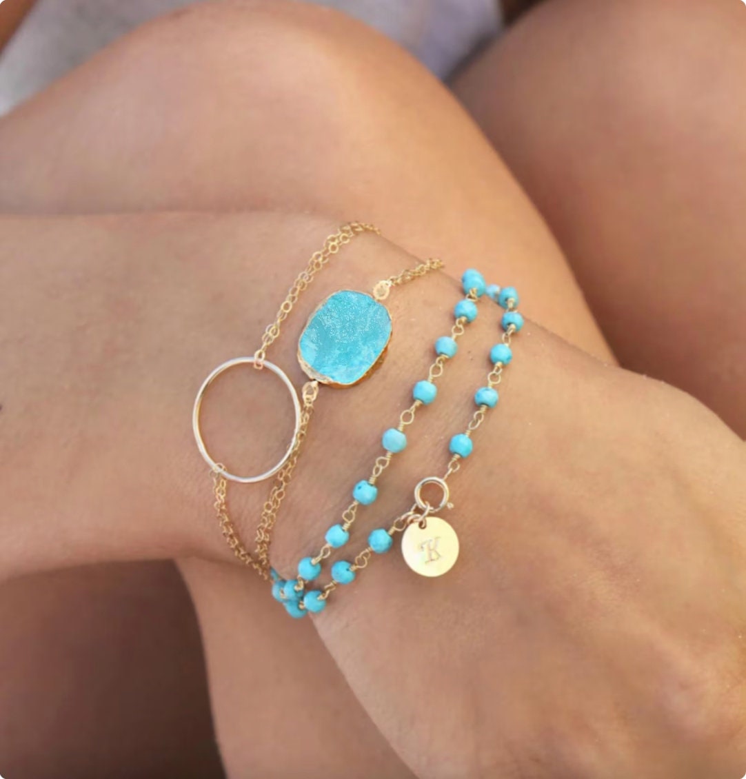 Personalized Turquoise wrap bracelet, Boho chic, 14k Gold filled initial disc, genuine gemstone beads, beaded rosary chain, custom stamped