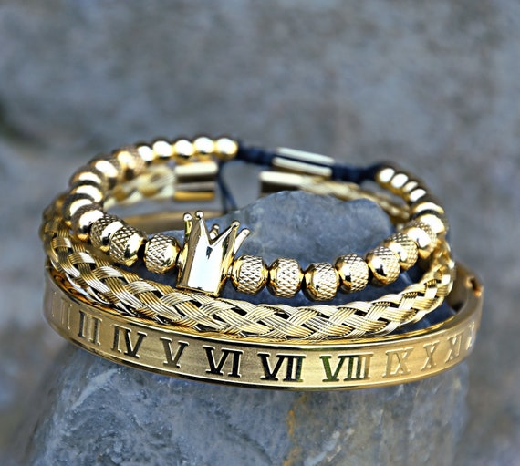 Stainless Steel Bangle Roman Numeral CZ Gold Plated