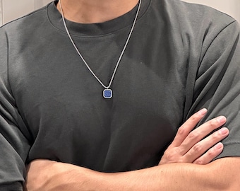 Blue Lapis necklace, square, stainless steel, waterproof, non tarnish, men's silver jewellery, unisex, gift for him, boyfriend, husband