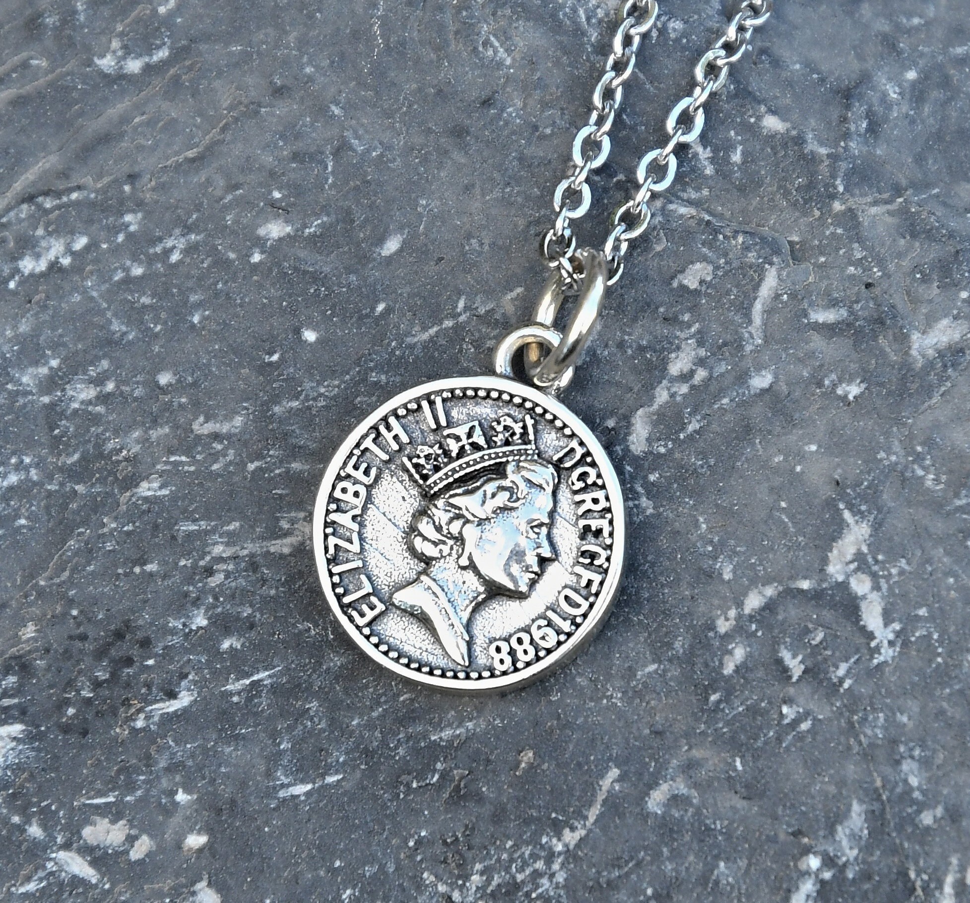 Queen Elizabeth Coin Necklace 925 Sterling Silver Pendant