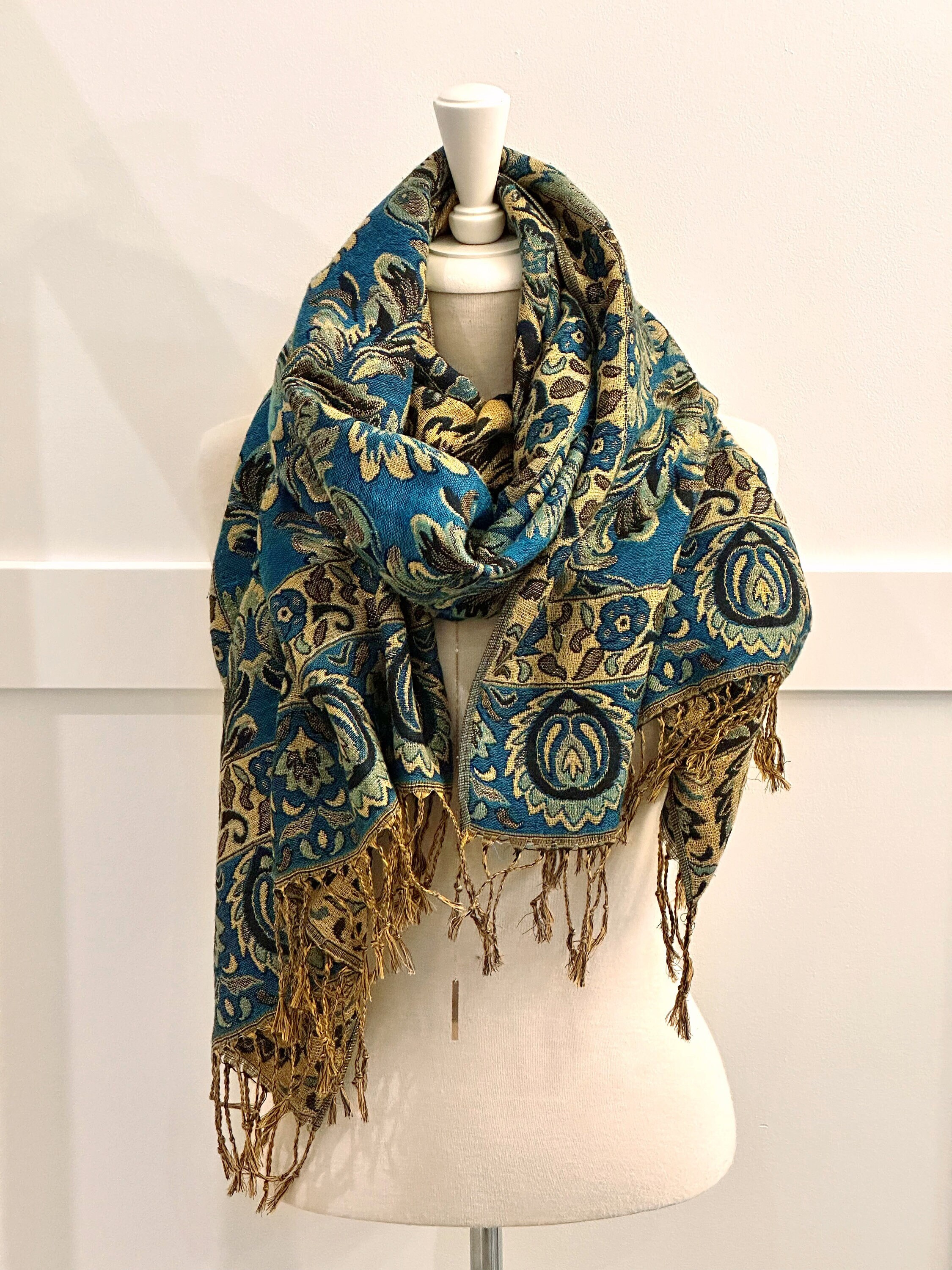 Blue and Gold Women’s Fringe Embossed Paisley Floral Wrap Shawl Scarf good