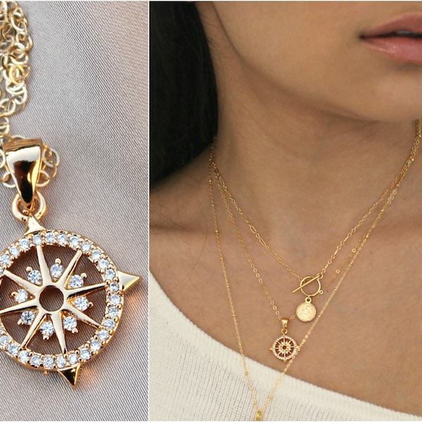 Compass necklace, cubic zirconia stones, cz diamonds, 14K Gold Filled, medallion pendant, travel gift, graduation, navigation,
