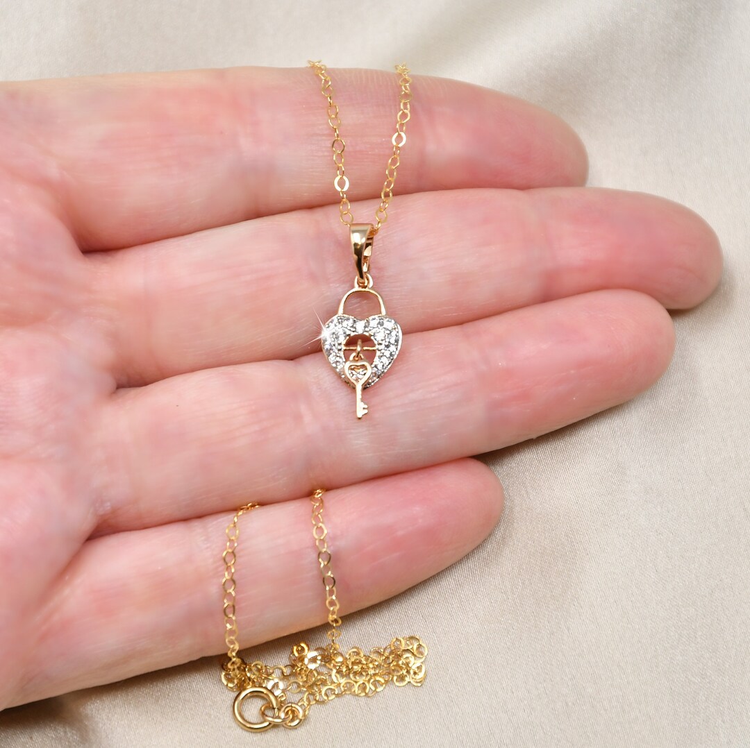 Heart Lock & Key Necklace, 14K Gold Filled Chain, Pavé Cubic Zirconia