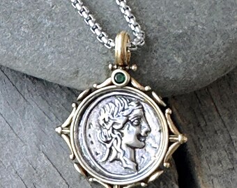 Men Coin necklace, gold & silver Plated Roman Augustus Pendant, stainless steel chain, men's jewellery, unisex, gift for him, boyfriend