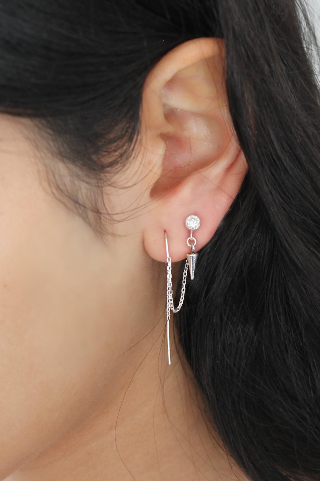 Threader Earrings, 925 Sterling Silver, Threaded Thread, Cubic Zirconia