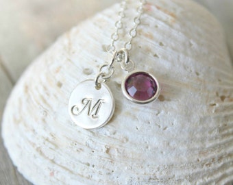 Personalized sterling silver necklace with custom stamped initial disc & Swarovski Birthstone, monogram, letter, Bridesmaids Gift,disc charm