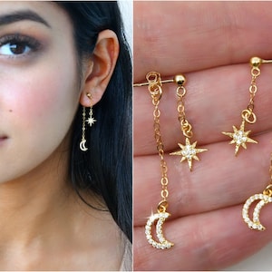 Celestial Star & Moon earrings, 14k gold filled, cz diamonds, cubic zirconia stones, starburst, crescent moon, double dangle drop chains