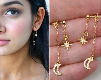 Celestial Star & Moon earrings, 14k gold filled, cz diamonds, cubic zirconia stones, starburst, crescent moon, double dangle drop chains