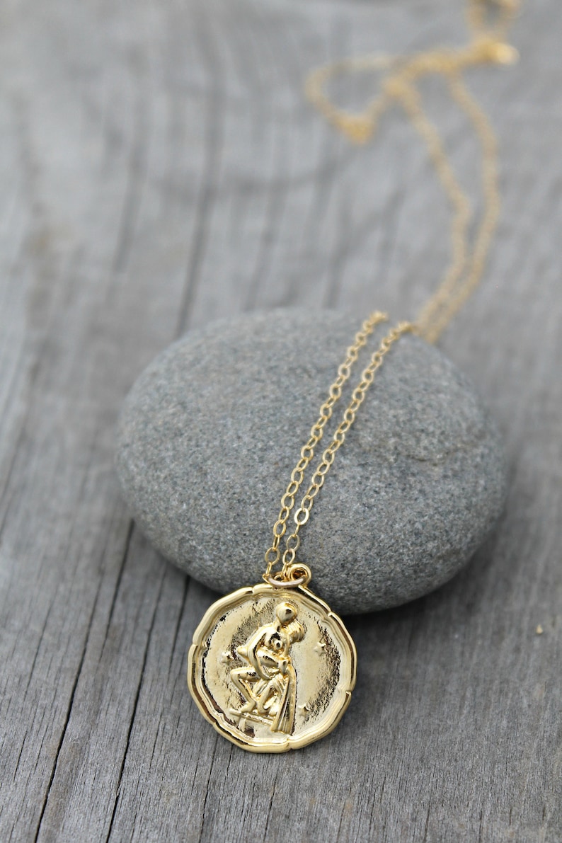 Gold Zodiac Necklace Coin 14k Gold Filled Chain Aquarius Etsy