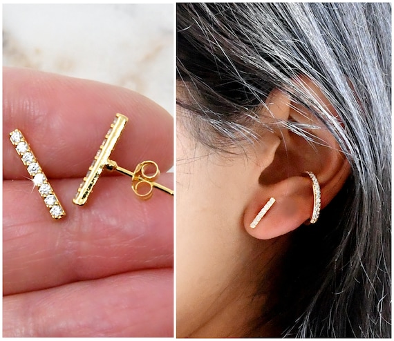 Cubic Zirconia Pave Bar Studs Gold Line Earrings Multiple