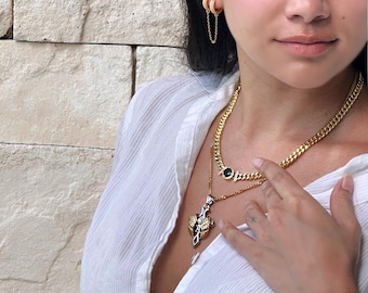 Gold Cuban chain necklace, Emerald green cubic zirconia stones, cz diamonds, gift for her