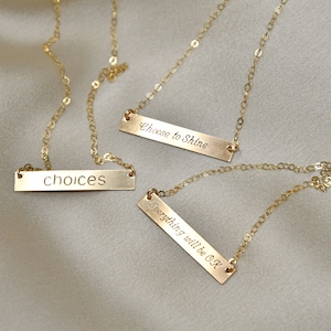 Collar de barra rellena de oro de 14k, barra horizontal grabada, citas inspiradoras, amor propio, afirmaciones positivas, regalo significativo, edificante