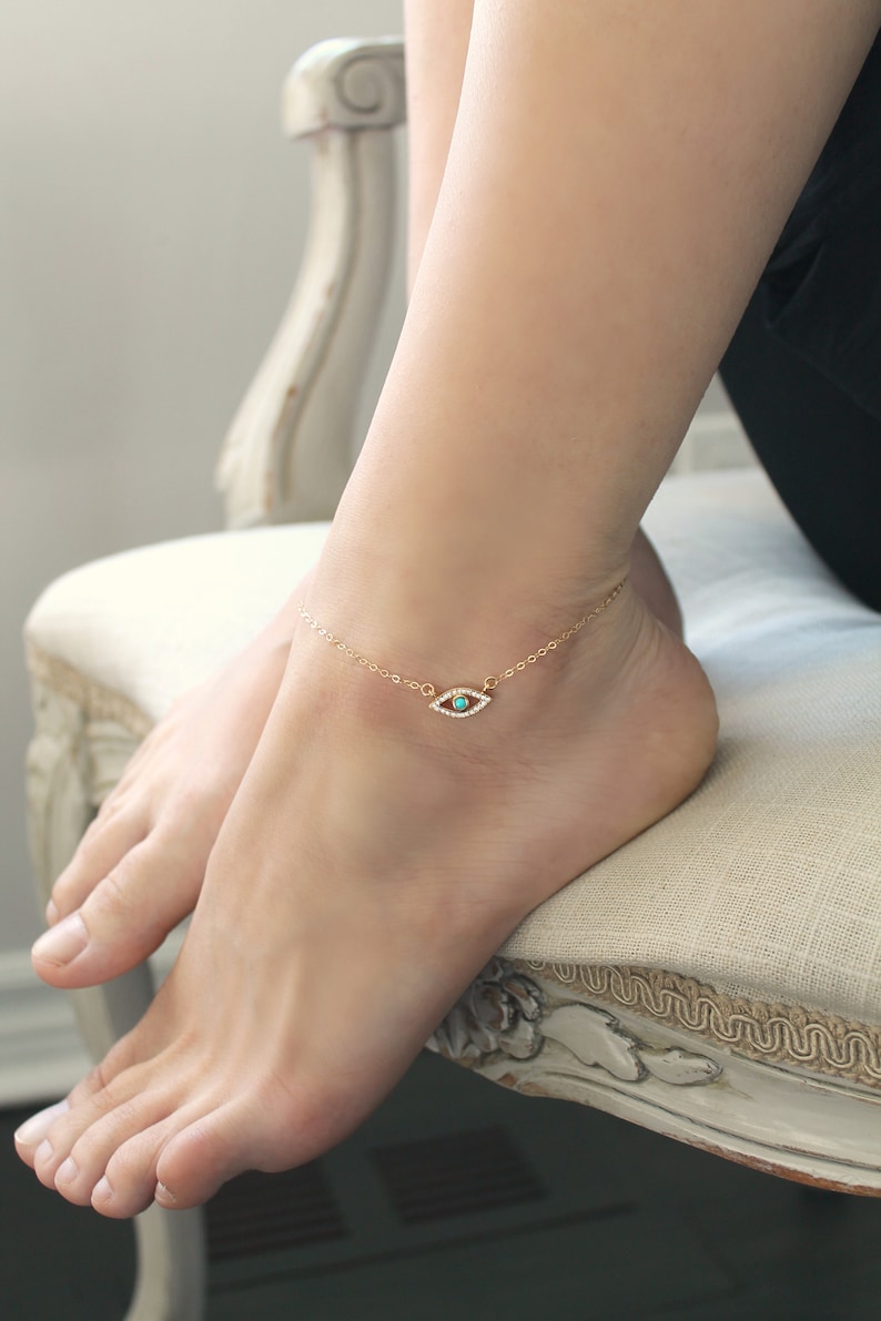 ANKLET, turquoise evil eye, eye of protection,14kt Gold filled chain,cubic zirconia diamonds,personalized custom initial disc,ankle bracelet image 2