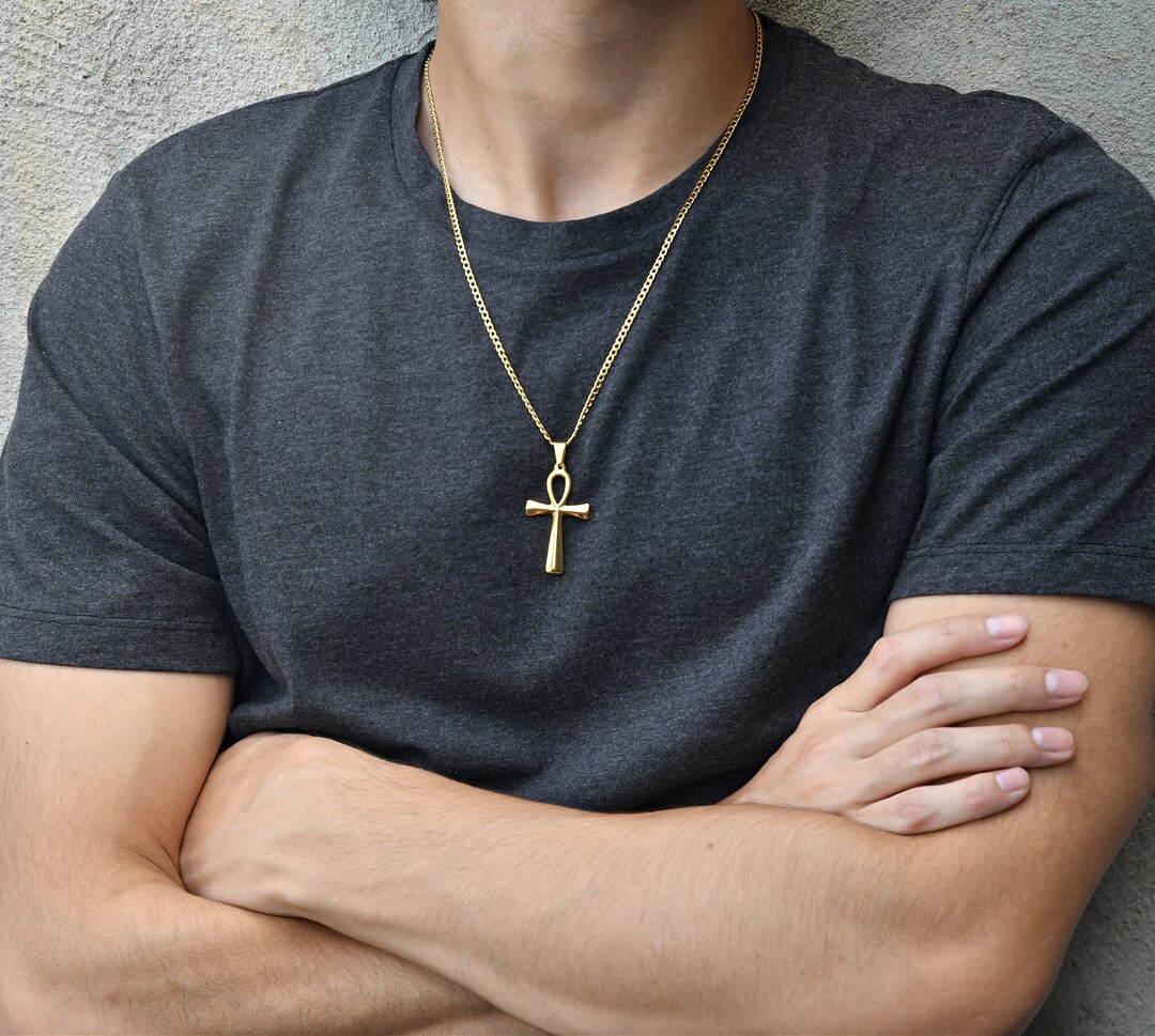 MENDEL Mens 10k Gold Plated Egyptian Ankh Hip Hop Cross Pendant Necklace For