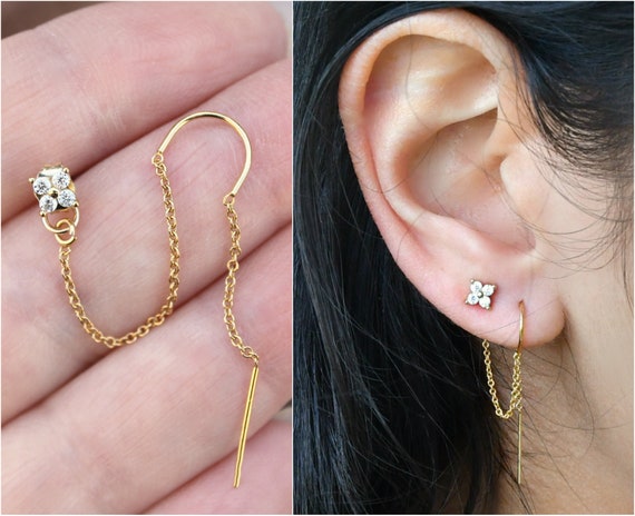 Flower Threader Earrings 14k Gold Filled Threaded Thread Cubic