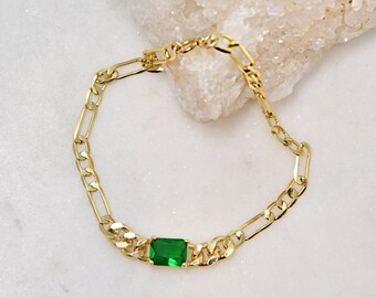 Emerald green gold chain bracelet, emerald cut stone, cuban chain bracelet, Christmas jewelry, Holiday jewelry, Gift for her, gold plated