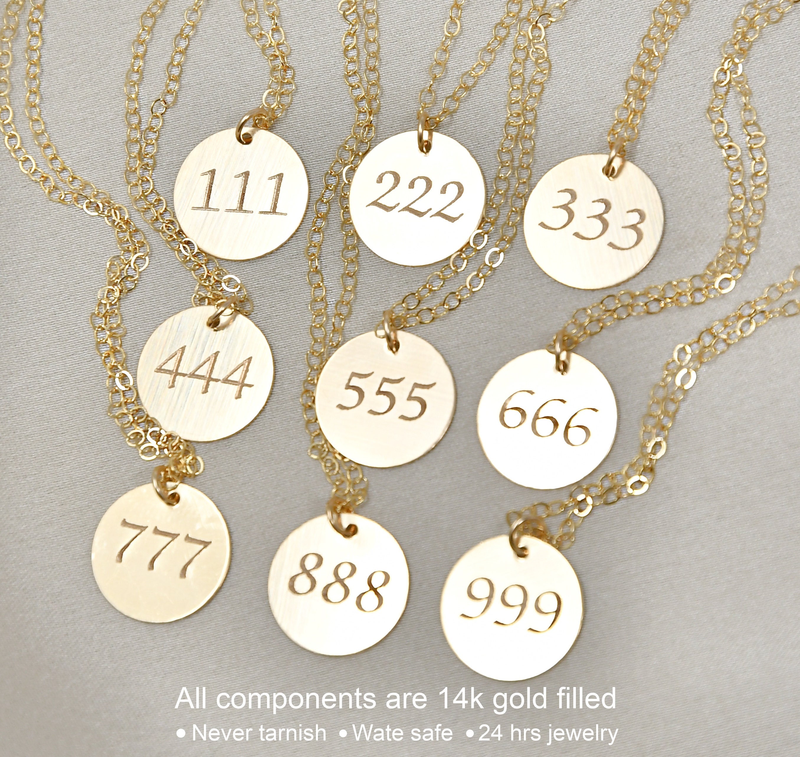 Collana Con Ciondolo Numero Angelo In Acciaio Inossidabile Placcato Oro 14K - Scegli Il Tuo Numero 111, 222, 333, 444, 555, 666, 777, 888, 999, 000