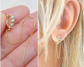 Threader & Turquoise hoop earrings, connected 14k gold filled threader, double piercings, set of two linked earrings, Turquoise stones