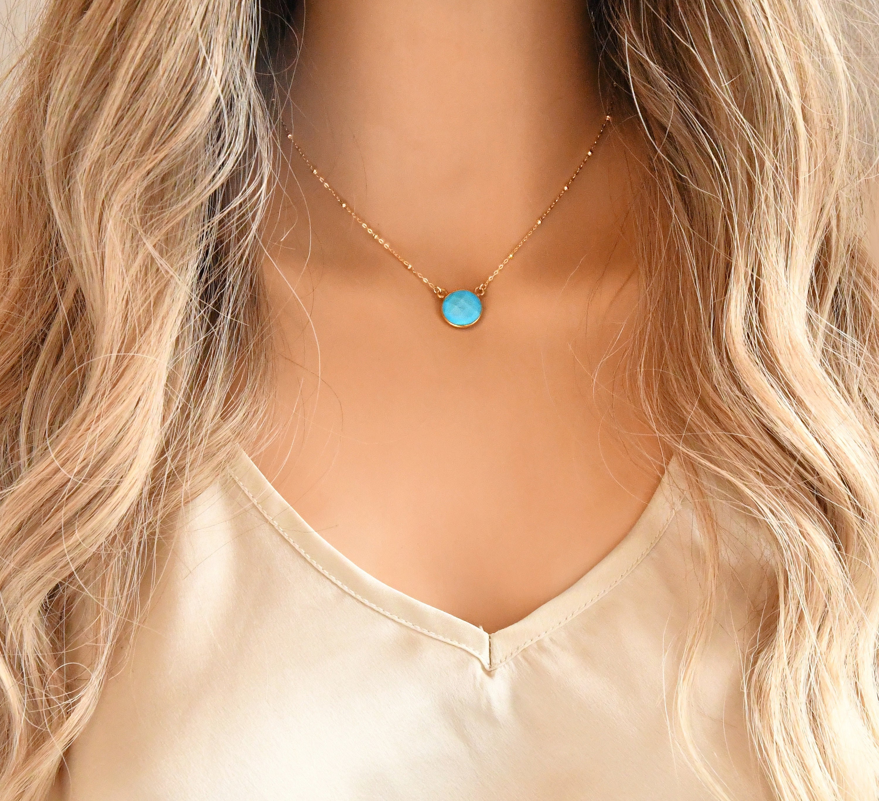 Turquoise Necklace 14K Gold Filled Chain Genuine Turquoise Stone