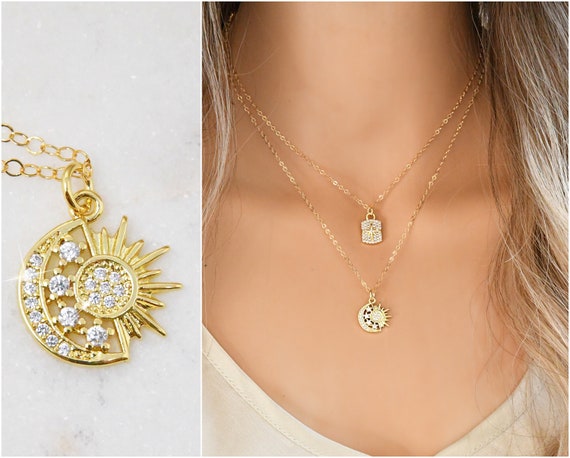 Gold Plated Fashionable Zirconia Moon-Star Lock Pendant Necklace 925 C –  Lios Wholesale Jewellery
