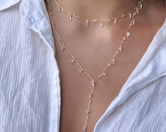 Wire wrapped zircon Y necklace, dangle chain lariat, dressy bridal necklace, dainty handmade wedding jewelry, clear crystal stones