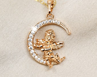 Angel necklace, 14K Gold Filled chain, Angel on the moon, cubic zirconia diamonds, Guardian Angel, memorial spiritual, mystical jewelry