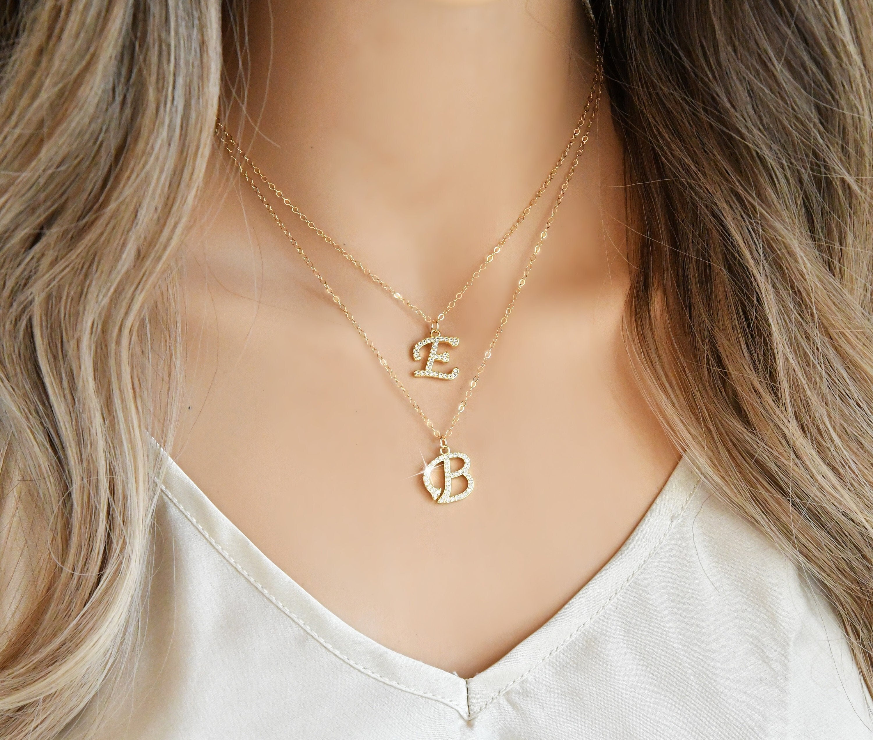 Layered Gold Initial Necklace Pave 