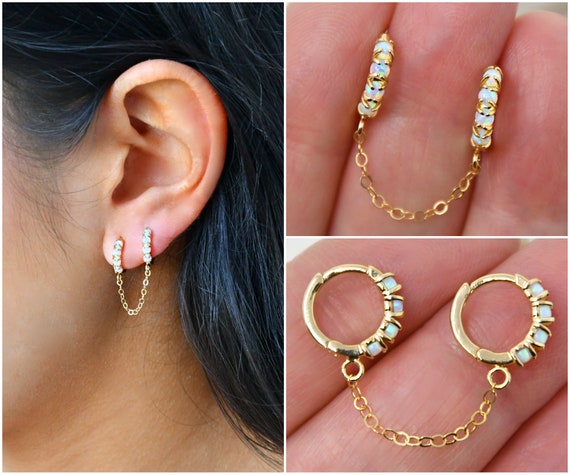 Connected Opal Hoops, Gold Huggies Hoop Earrings, Double-piercings