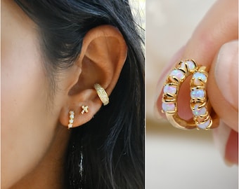 Opal huggie hoops earrings, gold mini hoops, tiny earrings, opal hoops, opal stones, minimal dainty jewelry, multiple piercing,