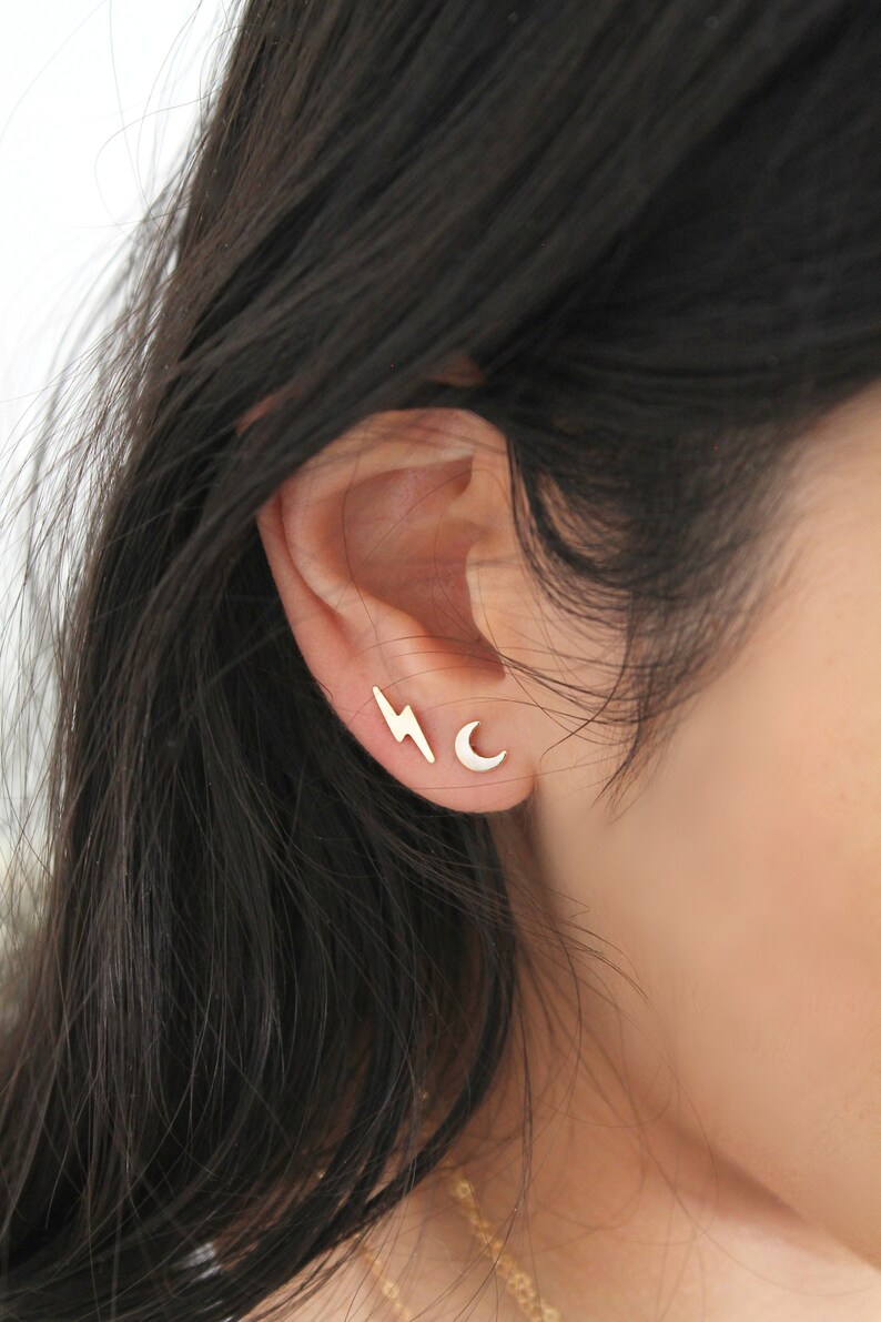 Tiny Gold Studs 14k Gold Filled Earrings Star Crescent Etsy