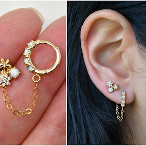 Connected Opal earrings, gold Huggies Hoop & cubic zirconia flower stud, cz diamonds, double-piercings set, 14k gold filled chain, combo two